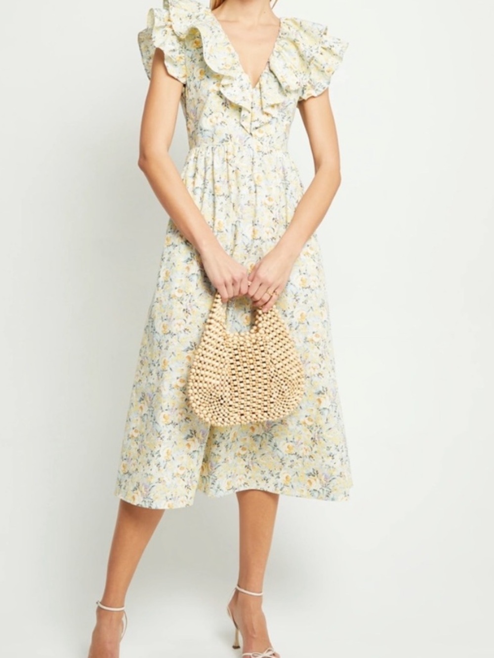 o.p.t.  Kate feminine floral midi dress.  Ruffle Neckline. Summer garden event. - Picture 9 of 9